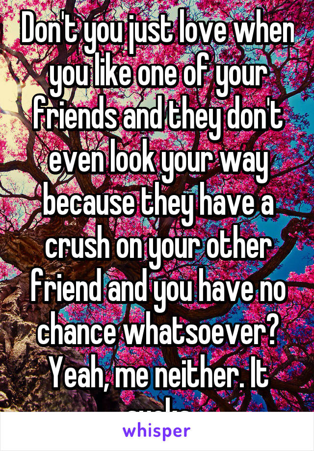 Don't you just love when you like one of your friends and they don't even look your way because they have a crush on your other friend and you have no chance whatsoever? Yeah, me neither. It sucks