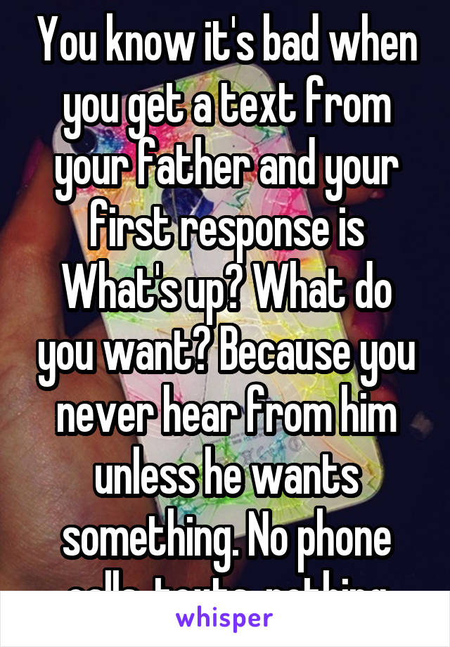 You know it's bad when you get a text from your father and your first response is What's up? What do you want? Because you never hear from him unless he wants something. No phone calls, texts, nothing