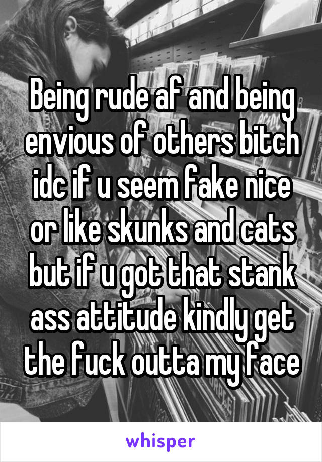 Being rude af and being envious of others bitch idc if u seem fake nice or like skunks and cats but if u got that stank ass attitude kindly get the fuck outta my face