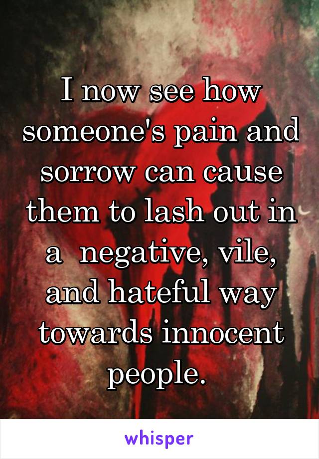 I now see how someone's pain and sorrow can cause them to lash out in a  negative, vile, and hateful way towards innocent people. 