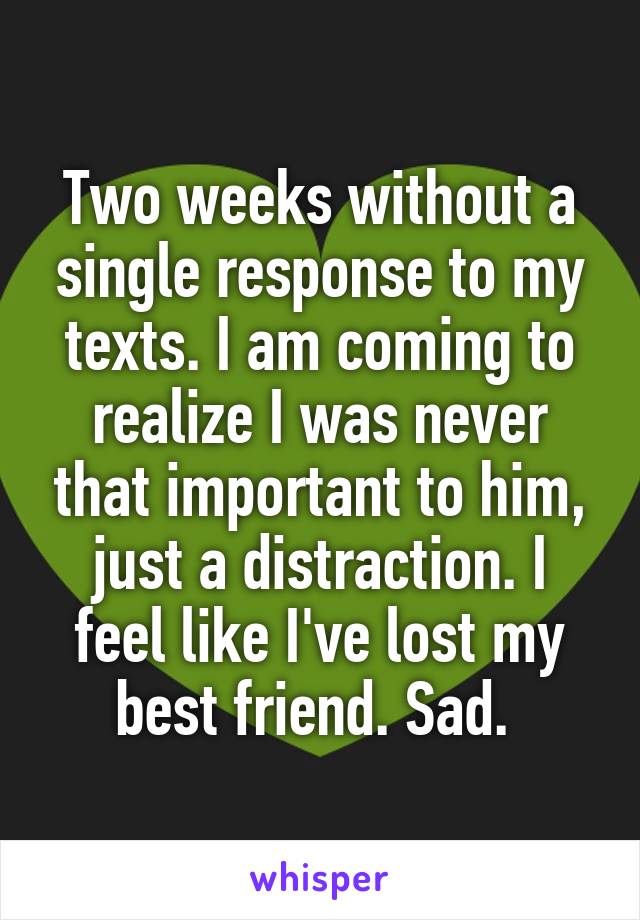 Two weeks without a single response to my texts. I am coming to realize I was never that important to him, just a distraction. I feel like I've lost my best friend. Sad. 