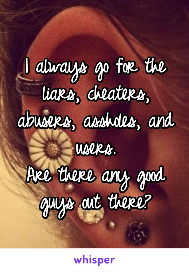 I always go for the liars, cheaters, abusers, assholes, and users.
Are there any good guys out there?
