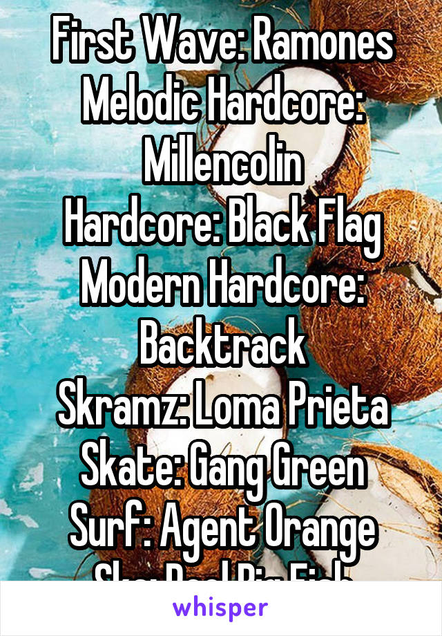 First Wave: Ramones
Melodic Hardcore: Millencolin
Hardcore: Black Flag
Modern Hardcore: Backtrack
Skramz: Loma Prieta
Skate: Gang Green
Surf: Agent Orange
Ska: Reel Big Fish