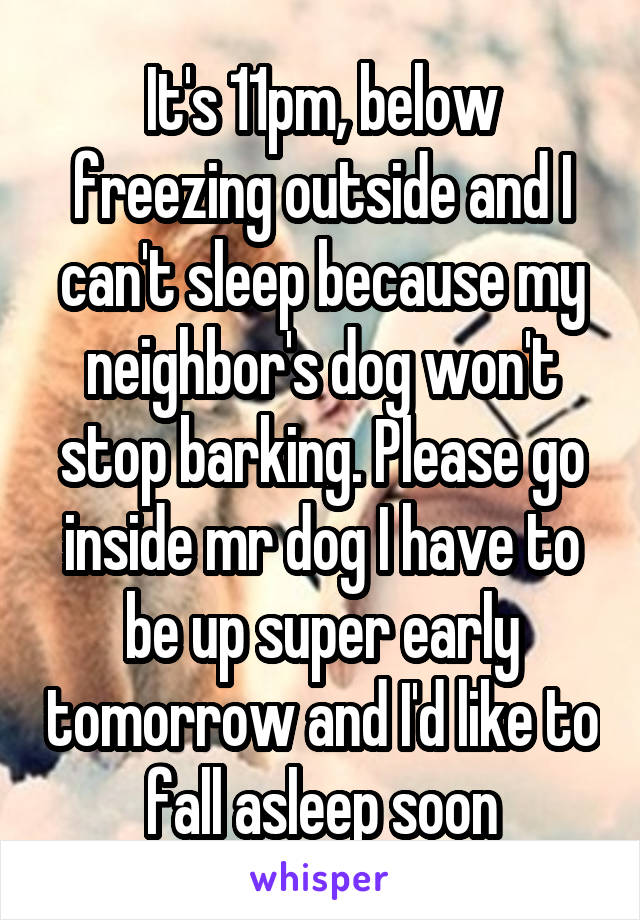 It's 11pm, below freezing outside and I can't sleep because my neighbor's dog won't stop barking. Please go inside mr dog I have to be up super early tomorrow and I'd like to fall asleep soon