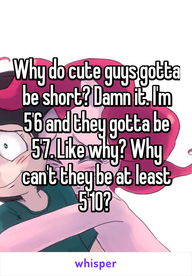 Why do cute guys gotta be short? Damn it. I'm 5'6 and they gotta be 5'7. Like why? Why can't they be at least 5'10? 