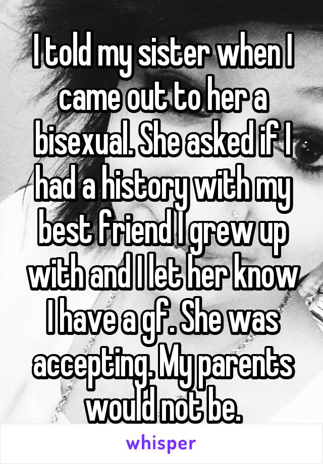 I told my sister when I came out to her a bisexual. She asked if I had a history with my best friend I grew up with and I let her know I have a gf. She was accepting. My parents would not be.