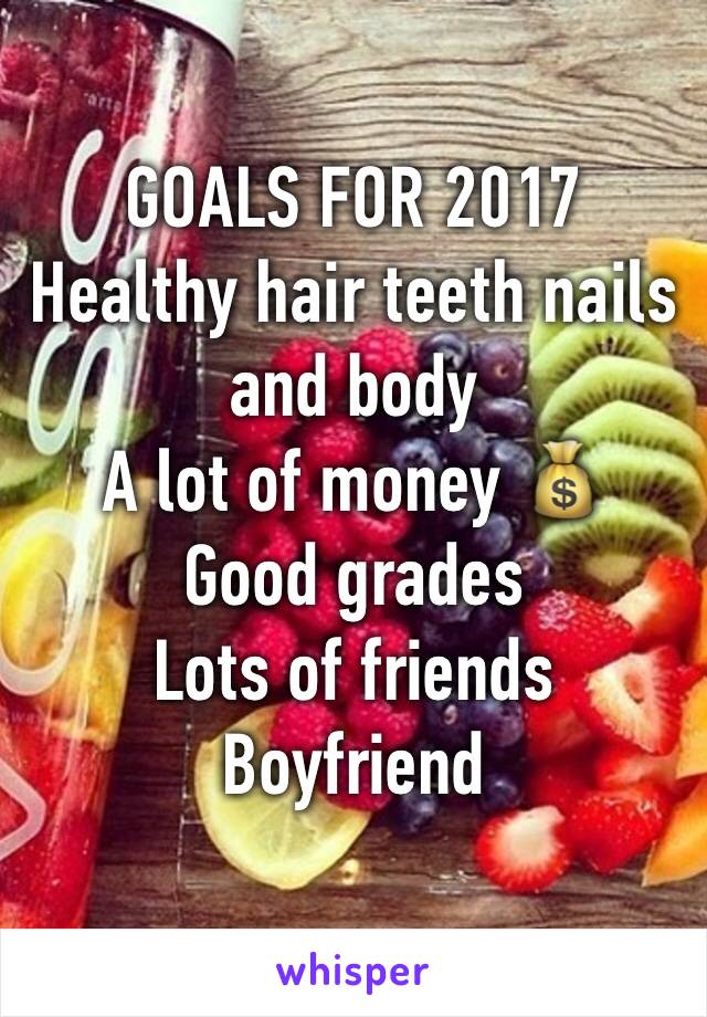 GOALS FOR 2017 
Healthy hair teeth nails and body 
A lot of money 💰 
Good grades 
Lots of friends 
Boyfriend 