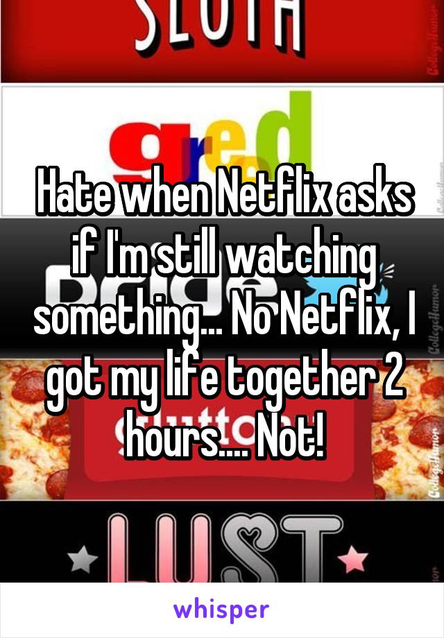Hate when Netflix asks if I'm still watching something... No Netflix, I got my life together 2 hours.... Not!