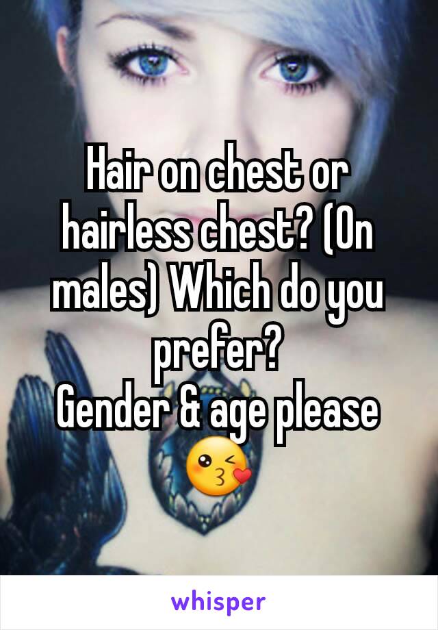 Hair on chest or hairless chest? (On males) Which do you prefer?
Gender & age please
😘