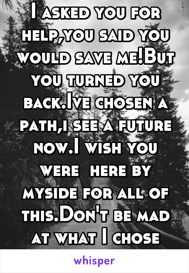 I asked you for help,you said you would save me!But you turned you back.Ive chosen a path,i see a future now.I wish you were  here by myside for all of this.Don't be mad at what I chose understand it!