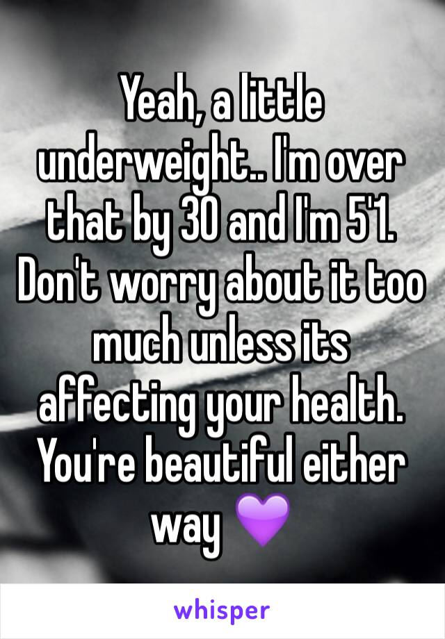 Yeah, a little underweight.. I'm over that by 30 and I'm 5'1. Don't worry about it too much unless its affecting your health. You're beautiful either way 💜
