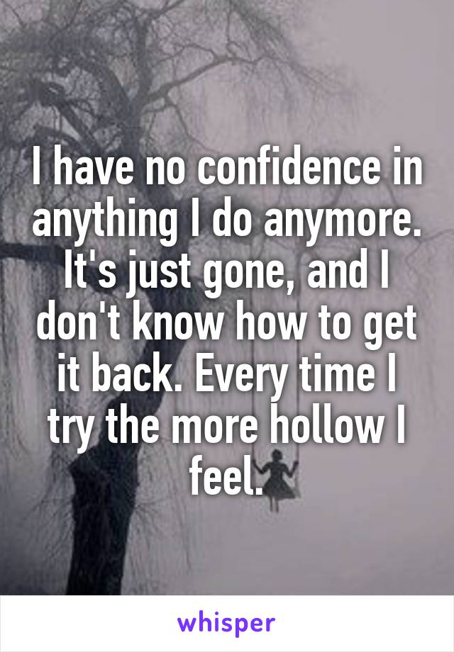 I have no confidence in anything I do anymore. It's just gone, and I don't know how to get it back. Every time I try the more hollow I feel.