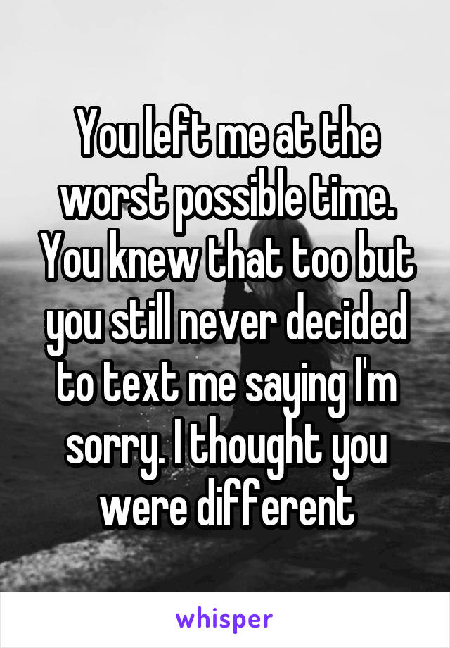 You left me at the worst possible time. You knew that too but you still never decided to text me saying I'm sorry. I thought you were different