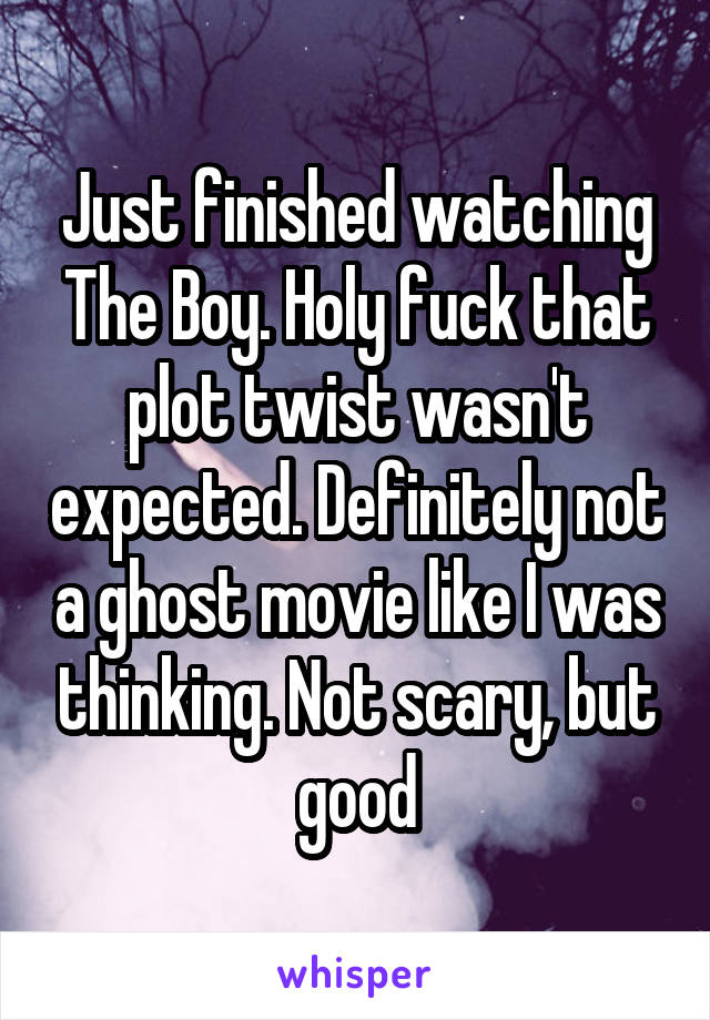 Just finished watching The Boy. Holy fuck that plot twist wasn't expected. Definitely not a ghost movie like I was thinking. Not scary, but good