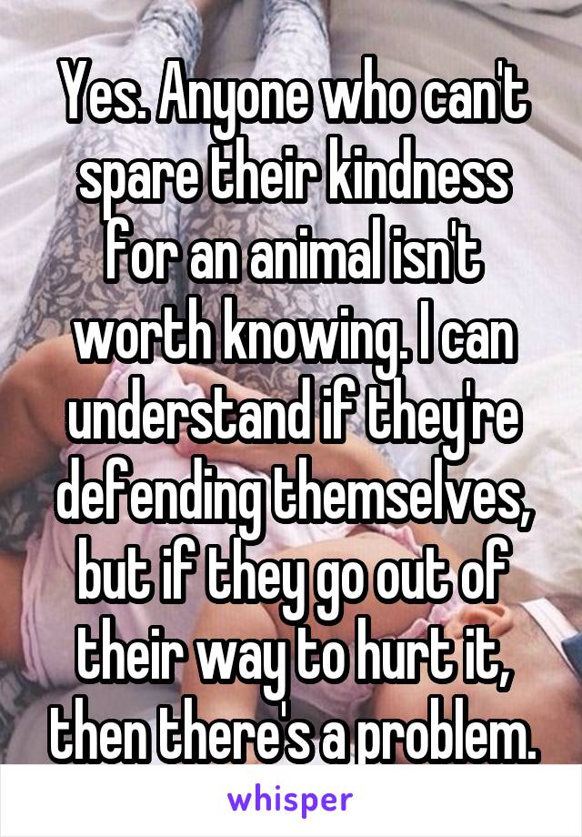 Yes. Anyone who can't spare their kindness for an animal isn't worth knowing. I can understand if they're defending themselves, but if they go out of their way to hurt it, then there's a problem.