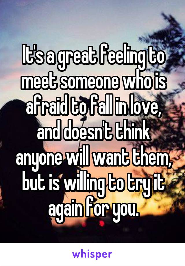 It's a great feeling to meet someone who is afraid to fall in love, and doesn't think anyone will want them, but is willing to try it again for you.
