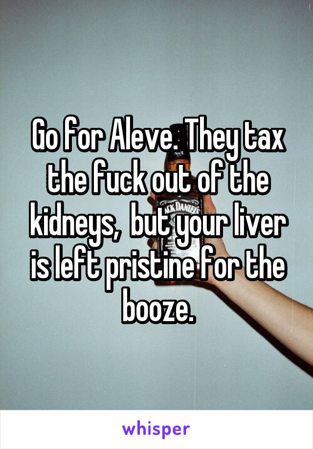 Go for Aleve. They tax the fuck out of the kidneys,  but your liver is left pristine for the booze.
