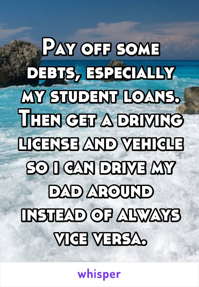 Pay off some debts, especially my student loans. Then get a driving license and vehicle so i can drive my dad around instead of always vice versa.