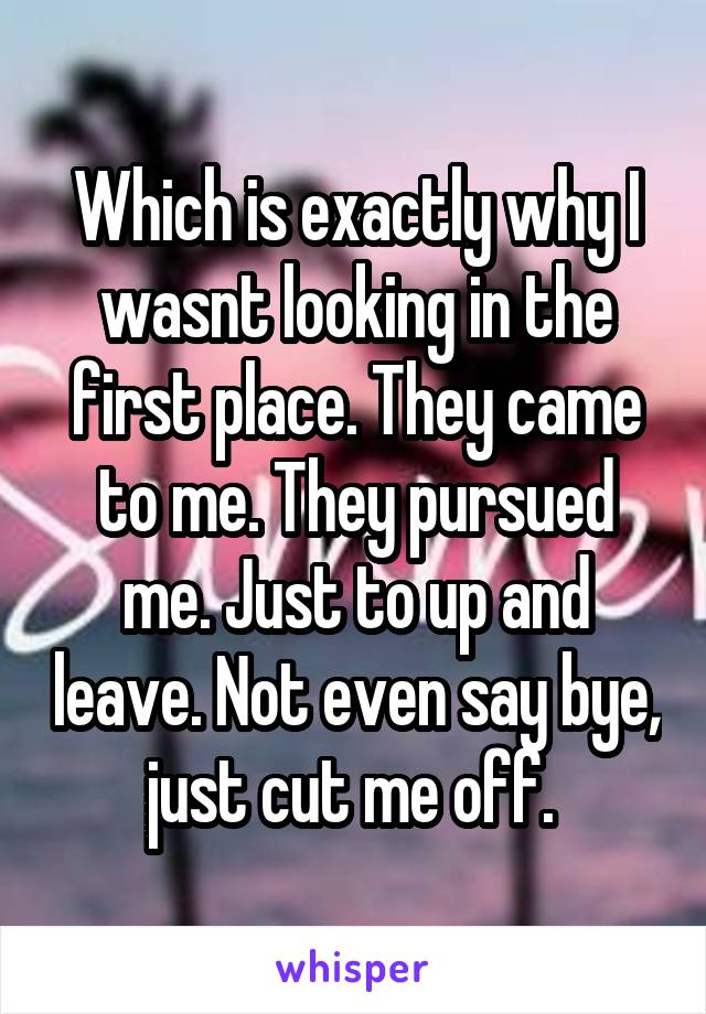 Which is exactly why I wasnt looking in the first place. They came to me. They pursued me. Just to up and leave. Not even say bye, just cut me off. 