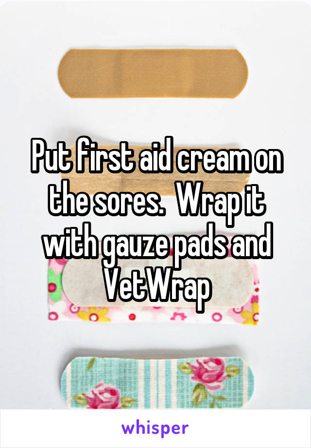 Put first aid cream on the sores.  Wrap it with gauze pads and VetWrap
