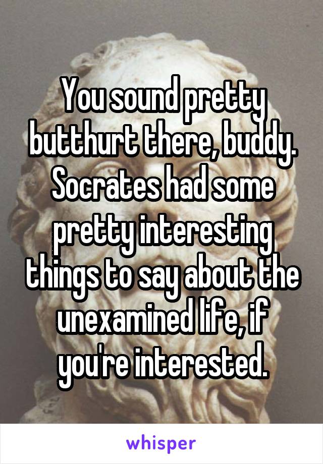 You sound pretty butthurt there, buddy. Socrates had some pretty interesting things to say about the unexamined life, if you're interested.