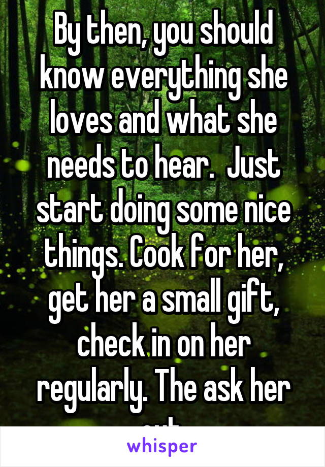 By then, you should know everything she loves and what she needs to hear.  Just start doing some nice things. Cook for her, get her a small gift, check in on her regularly. The ask her out.