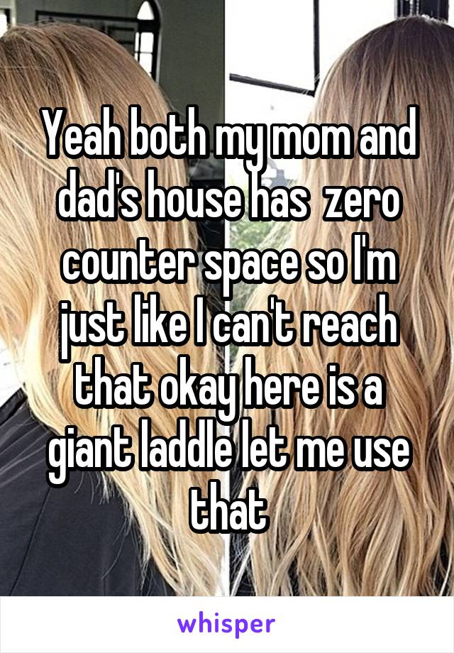 Yeah both my mom and dad's house has  zero counter space so I'm just like I can't reach that okay here is a giant laddle let me use that