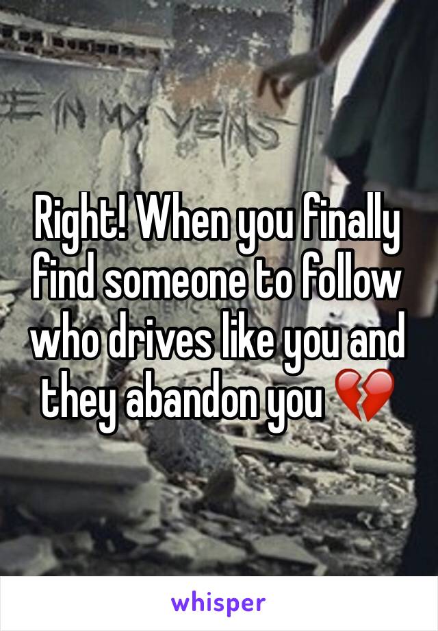 Right! When you finally find someone to follow who drives like you and they abandon you 💔