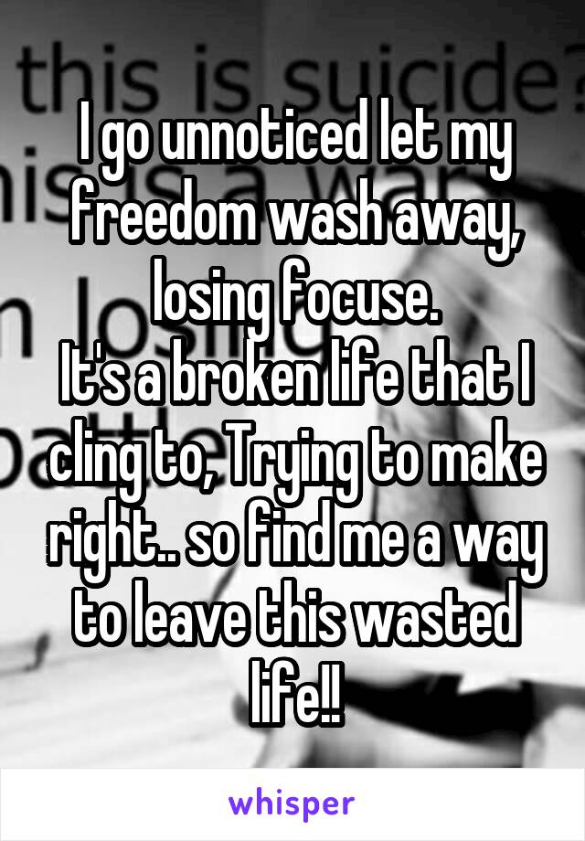 I go unnoticed let my freedom wash away, losing focuse.
It's a broken life that I cling to, Trying to make right.. so find me a way to leave this wasted life!!