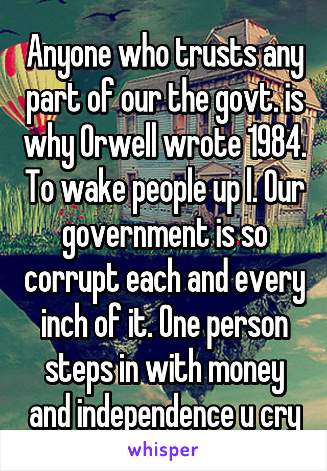 Anyone who trusts any part of our the govt. is why Orwell wrote 1984. To wake people up l. Our government is so corrupt each and every inch of it. One person steps in with money and independence u cry