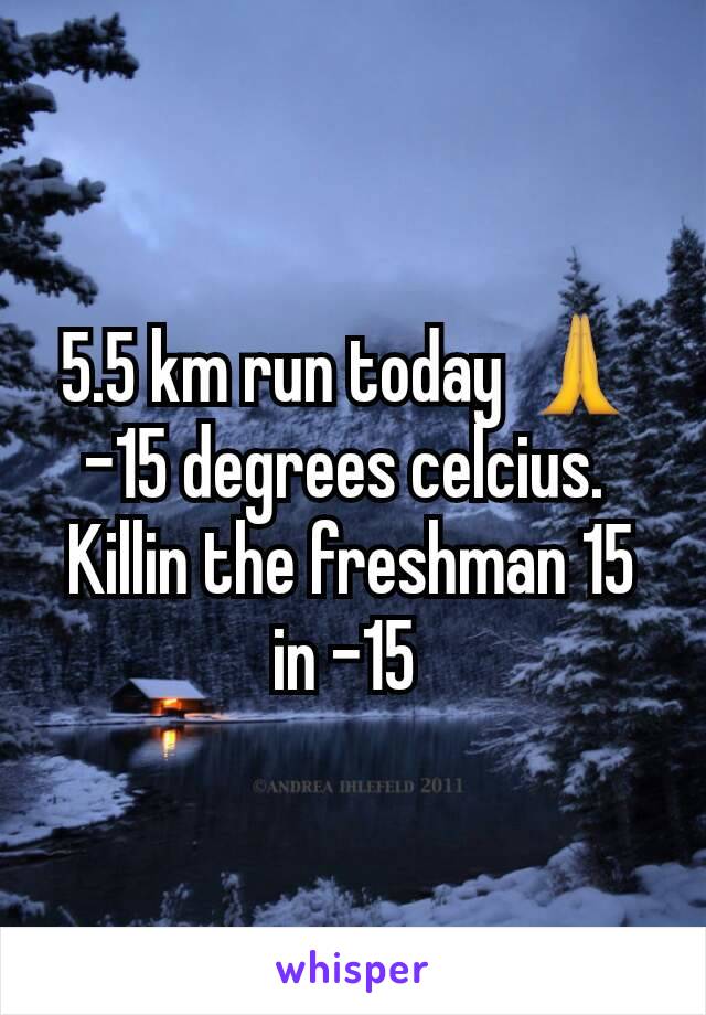 5.5 km run today 🙏 -15 degrees celcius. 
Killin the freshman 15 in -15 