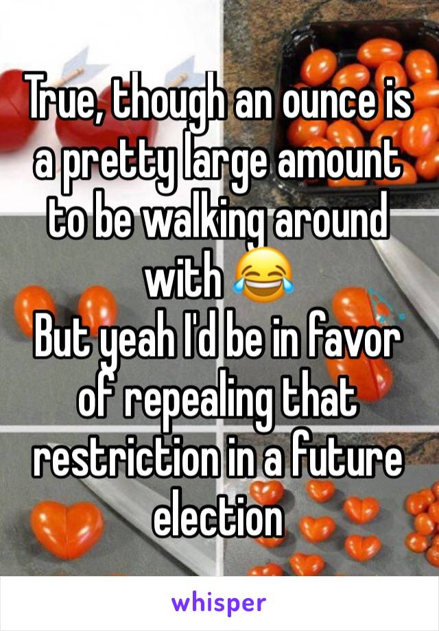 True, though an ounce is a pretty large amount to be walking around with 😂
But yeah I'd be in favor of repealing that restriction in a future election