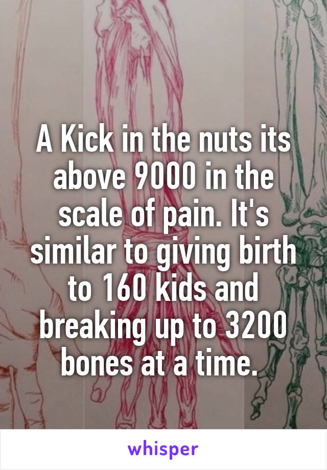 
A Kick in the nuts its above 9000 in the scale of pain. It's similar to giving birth to 160 kids and breaking up to 3200 bones at a time. 