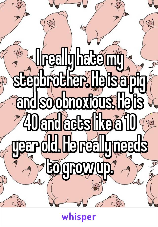 I really hate my stepbrother. He is a pig and so obnoxious. He is 40 and acts like a 10 year old. He really needs to grow up.