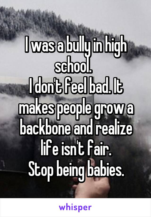 I was a bully in high school.  
I don't feel bad. It makes people grow a backbone and realize life isn't fair.
Stop being babies.