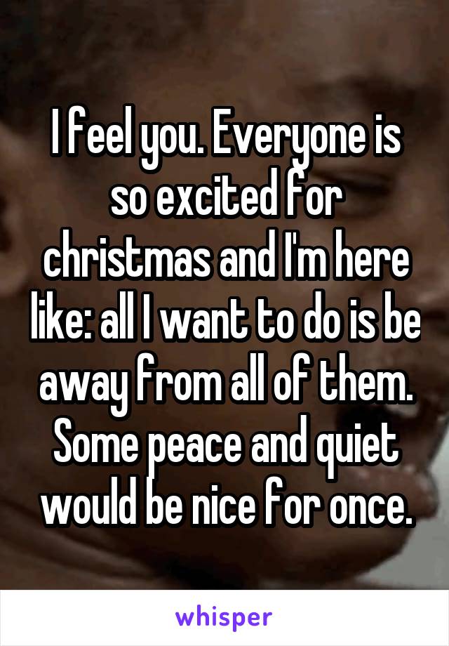 I feel you. Everyone is so excited for christmas and I'm here like: all I want to do is be away from all of them. Some peace and quiet would be nice for once.