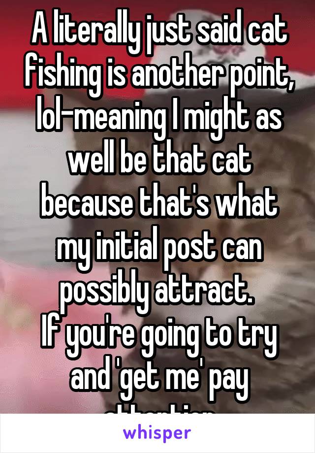 A literally just said cat fishing is another point, lol-meaning I might as well be that cat because that's what my initial post can possibly attract. 
If you're going to try and 'get me' pay attention