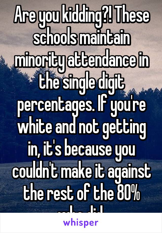 Are you kidding?! These schools maintain minority attendance in the single digit percentages. If you're white and not getting in, it's because you couldn't make it against the rest of the 80% who did.