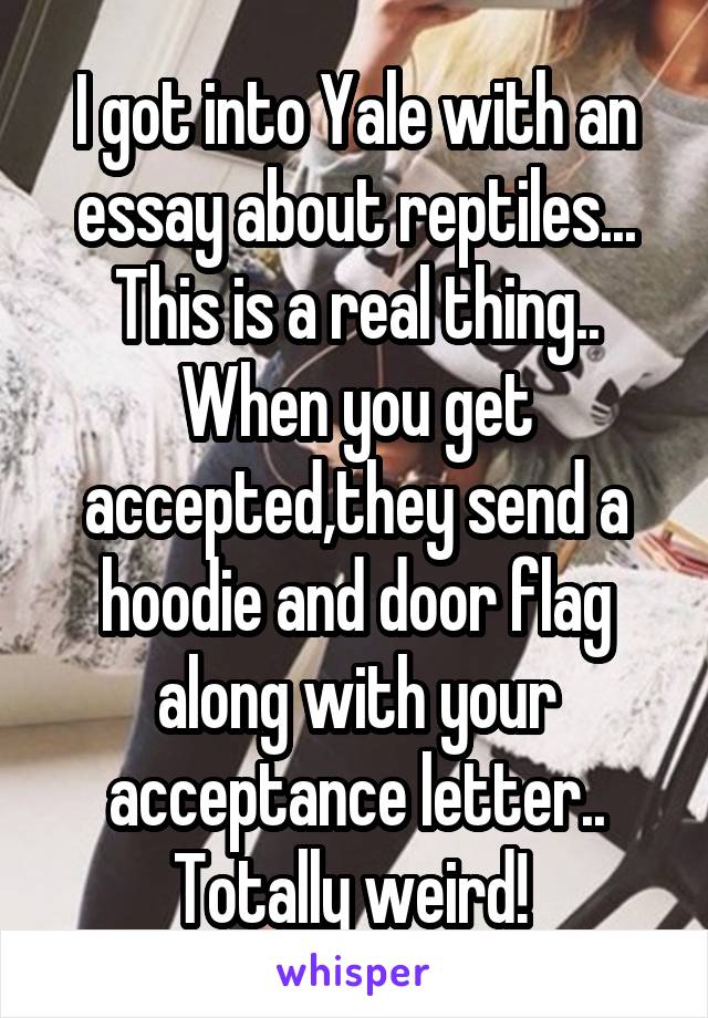 I got into Yale with an essay about reptiles... This is a real thing.. When you get accepted,they send a hoodie and door flag along with your acceptance letter.. Totally weird! 