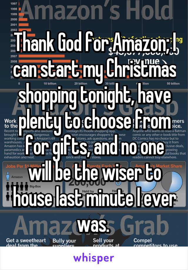 Thank God for Amazon; I can start my Christmas shopping tonight, have plenty to choose from for gifts, and no one will be the wiser to house last minute I ever was. 