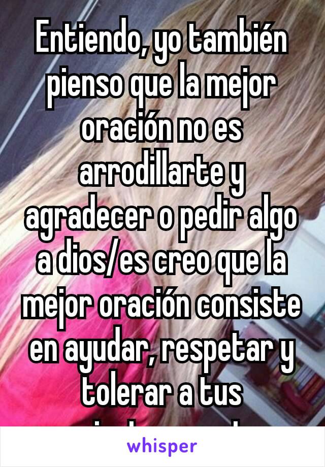 Entiendo, yo también pienso que la mejor oración no es arrodillarte y agradecer o pedir algo a dios/es creo que la mejor oración consiste en ayudar, respetar y tolerar a tus semejantes y no tan...