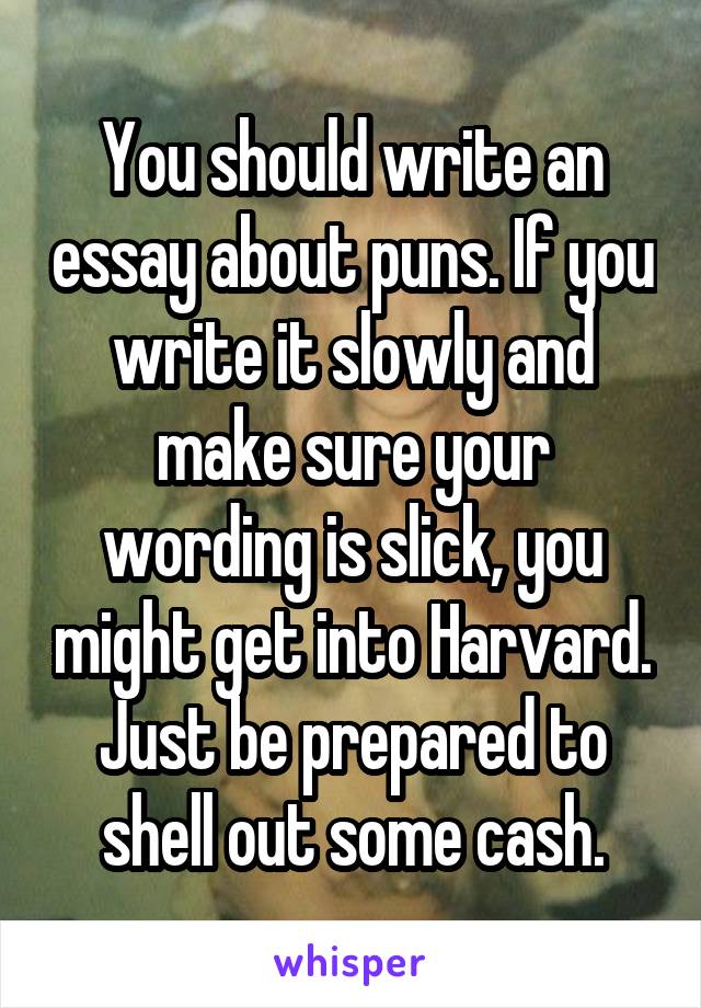 You should write an essay about puns. If you write it slowly and make sure your wording is slick, you might get into Harvard. Just be prepared to shell out some cash.