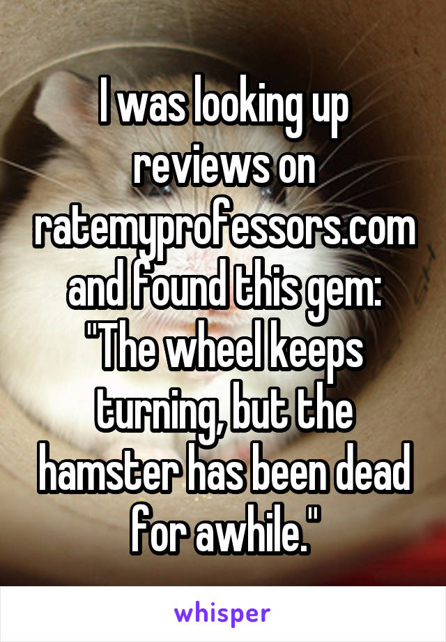 I was looking up reviews on ratemyprofessors.com and found this gem: "The wheel keeps turning, but the hamster has been dead for awhile."