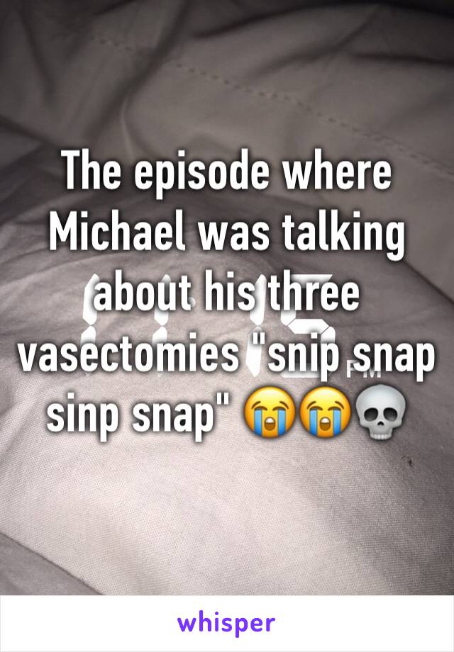 The episode where Michael was talking about his three vasectomies "snip snap sinp snap" 😭😭💀