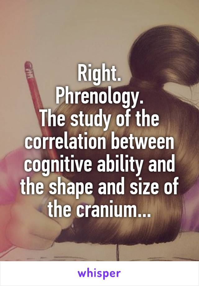 Right.
Phrenology.
The study of the correlation between cognitive ability and the shape and size of the cranium...