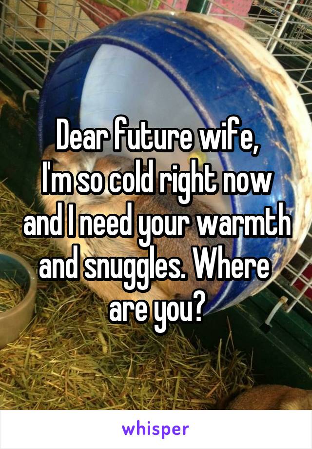 Dear future wife,
I'm so cold right now and I need your warmth and snuggles. Where 
are you?