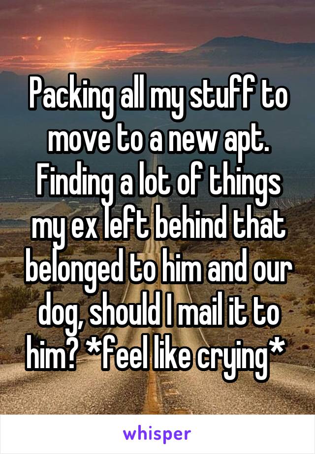 Packing all my stuff to move to a new apt. Finding a lot of things my ex left behind that belonged to him and our dog, should I mail it to him? *feel like crying* 