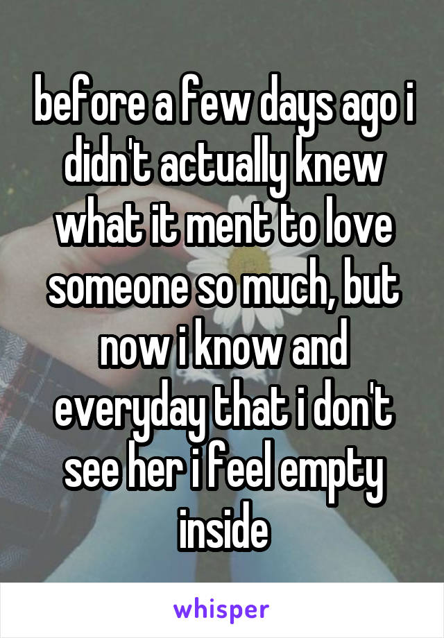 before a few days ago i didn't actually knew what it ment to love someone so much, but now i know and everyday that i don't see her i feel empty inside