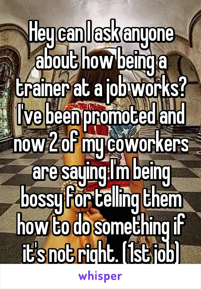 Hey can I ask anyone about how being a trainer at a job works? I've been promoted and now 2 of my coworkers are saying I'm being bossy for telling them how to do something if it's not right. (1st job)