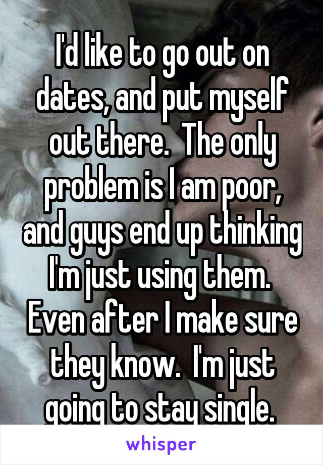 I'd like to go out on dates, and put myself out there.  The only problem is I am poor, and guys end up thinking I'm just using them.  Even after I make sure they know.  I'm just going to stay single. 